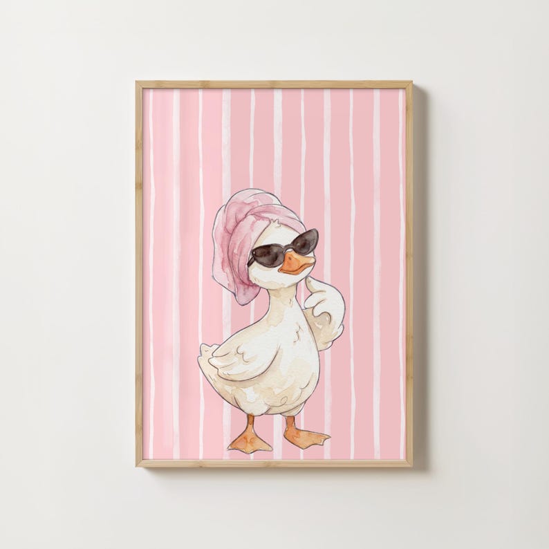 funny goose poster, pink towel goose, quirky bathroom decor, eclectic guest bath print, pink poster, digital download, silly goose print, watercolor goose art, goose in sunglasses, cute bathroom wall art, powder room decor, funny bathroom sign, whimsical wall art, goose in towel with hair wrapped in towel picture, goose bathroom wall decor for kids funny - digital download, bathroom art goose, bathroom decorative art, digital poster bathroom, cute chicks bathroom image