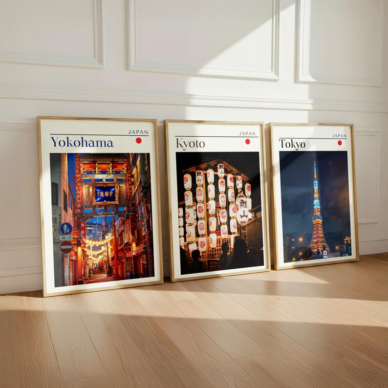 Set of 3 Japan wall art prints featuring Tokyo Kyoto Yokohama photography posters