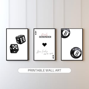 Black and White Gallery Wall Art Set of 3: Ace of Hearts, Lucky Prints
