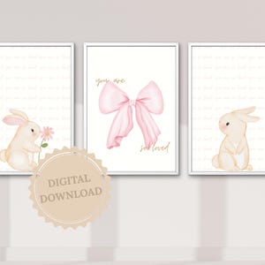 Bunny Nursery Room Print Wall Art, Printable Pink Bunny Nursery Decor, Wall Decor for Baby Girl, Baby Girls Bunny Nursery Prints