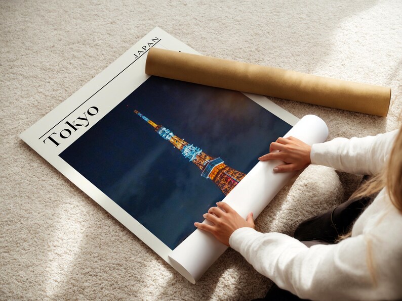 Minimalist Japan travel poster bundle with Tokyo Tower Kyoto lanterns Yokohama street