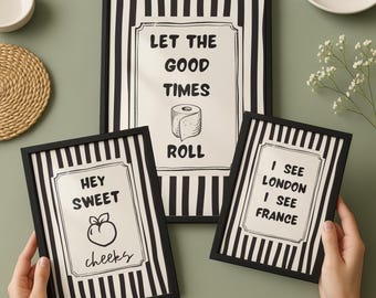 Funny Bathroom Wall Art Set of 3, Black and White Bathroom Decor, Let The Good Times Roll, Hey Sweet Cheeks, Guest Bathroom Digital Wall Art