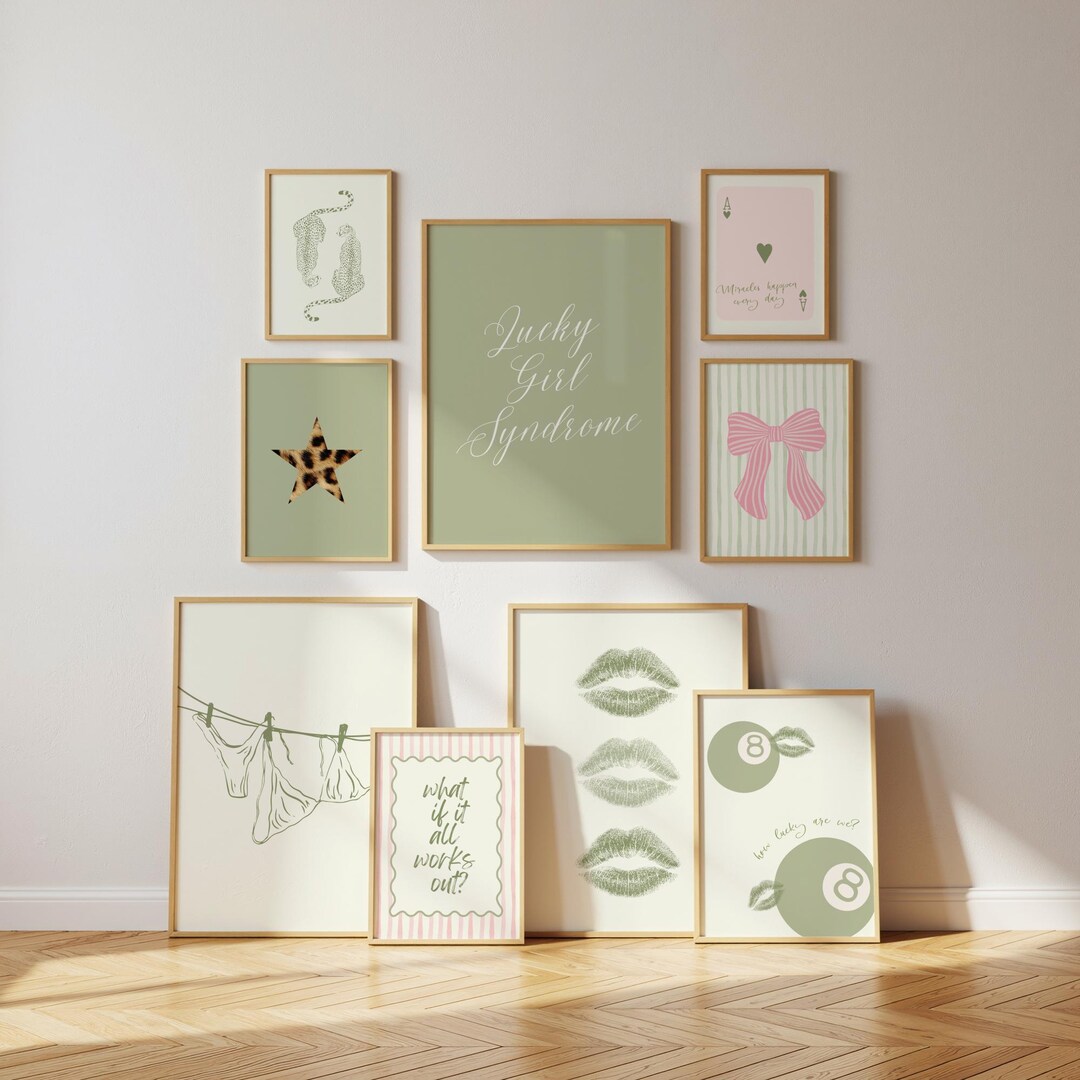 Sage Green Retro Girly Wall Art Set of 10, Leopard Print Maximalist ...