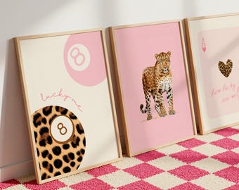 Pink Leopard Wall Art Set of 3 DIGITAL DOWNLOAD, Coquette Pink Cheetah Prints, Trendy Girly Decor, Maximalist Gallery Wall Art