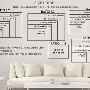 May include: A black and white size guide chart for art prints, displaying various aspect ratios including ISO 5:7, 2:3, 4:5, 3:4, and 11:14. The text lists specific dimensions in inches and centimeters for each ratio, noting high-resolution 300 DPI files.