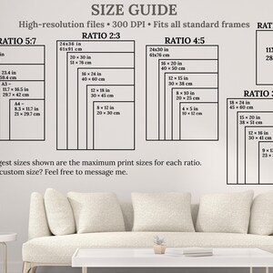 May include: A size guide chart with dimensions in inches and centimeters for various print ratios, including ISO 5:7, 2:3, 4:5, 3:4, and 11:14. The guide provides sizes for standard frames, with text indicating high-resolution files and DPI.