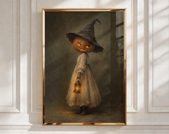 Pumpkin Witch Wall Art, Vintage Halloween Print, Spooky Gothic Decor, Jack O Lantern Painting, Moody Halloween Digital Download