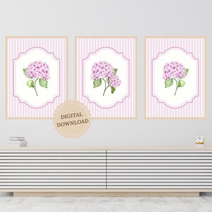 Pink Hydrangea Wall Art Set of 3, Striped Floral Printable Decor, Blush Flower Digital Download, Pink Hydrangea Wall Art Set