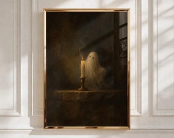 Ghost Wall Art, Vintage Halloween Print, Spooky Ghost Decor, Gothic Candle Painting, Moody Halloween Wall Art, Digital Halloween Art