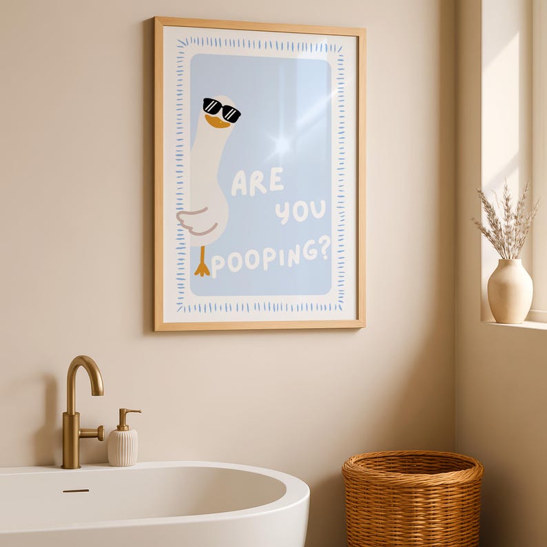 goose nursery print blue
quirky bathroom decor
minimal goose illustration
cute bathroom printable
funny family bathroom art
coastal kids bathroom print
digital download wall art