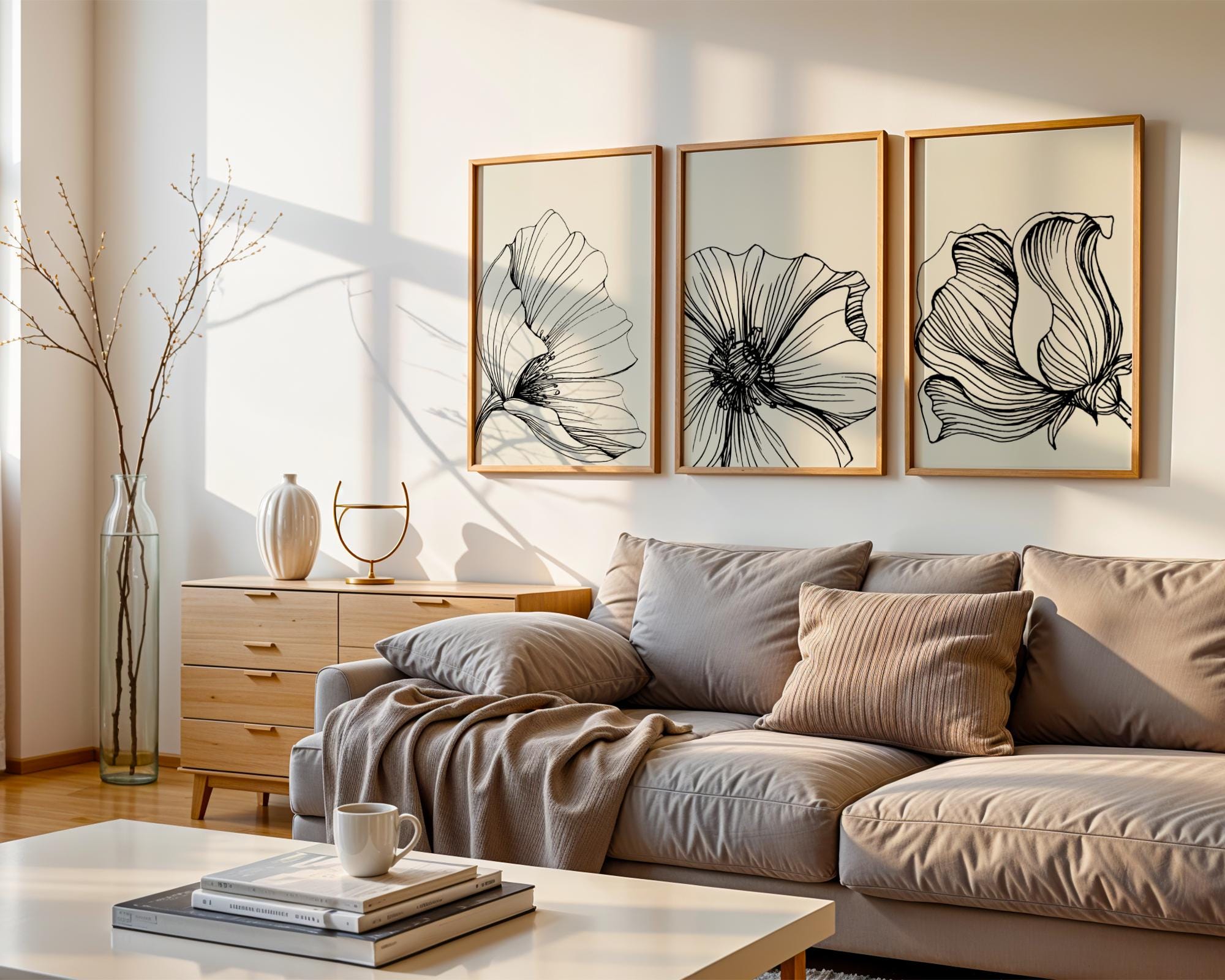 Neutral Floral Art Print Set of 3, Minimalist Beige Black Line Art ...