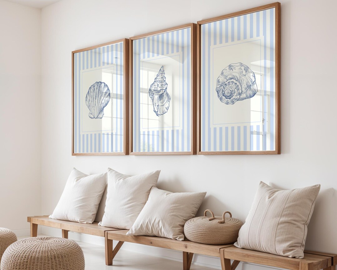 Seashell Wall Art Set, Blue Striped Coastal Prints, Beach House Decor ...