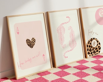 Light Pink Leopard Print Set of 3, Coquette Dorm Decor, How Lucky Are We Quote & Lucky 8 Ball Poster, Trendy Pink Wall Art, Digital Download