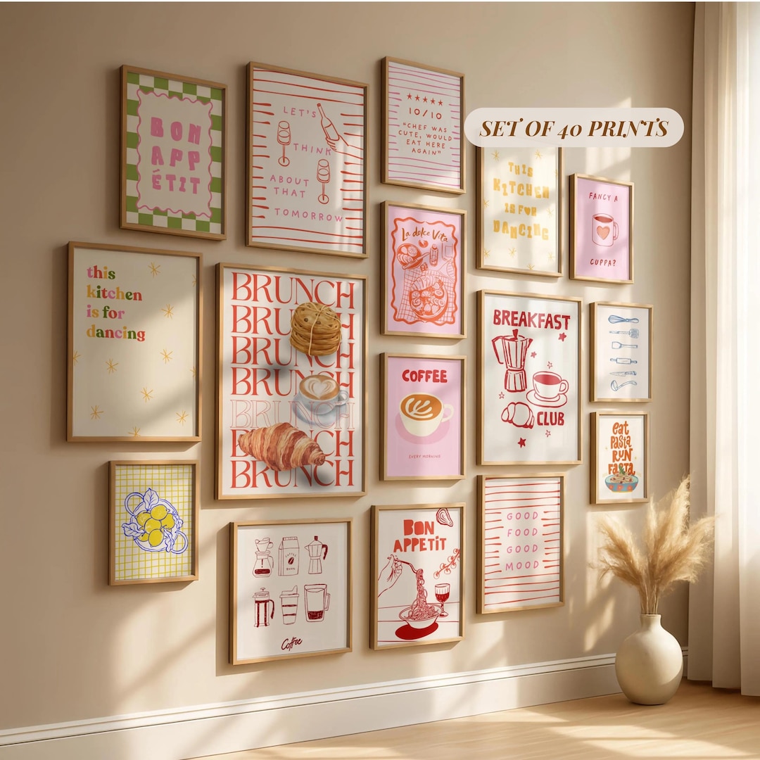 mega retro kitchen gallery wall art set of 90,... Retro Gallery Wall Set of 40, Trendy Kitchen Food and Drink Prints ...