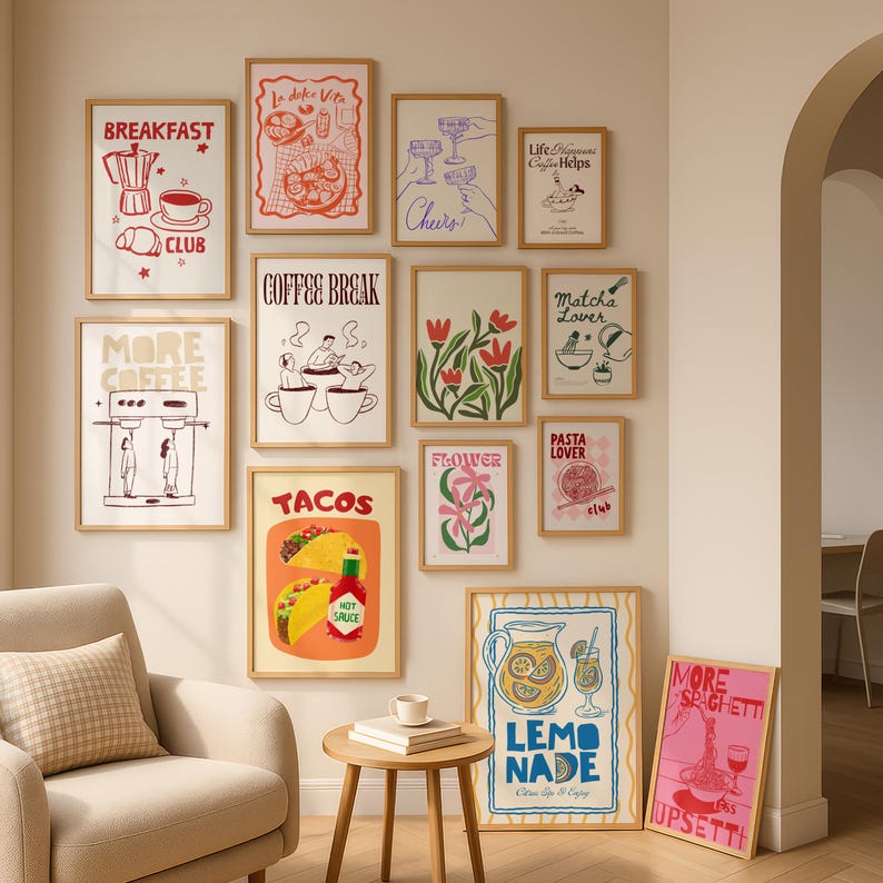 mega retro kitchen gallery wall art set of 90,... Mega Retro Kitchen Gallery Wall Art Set of 90, Eclectic Food Prints ...