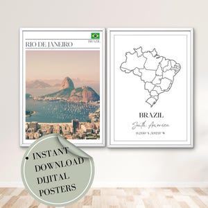 Brazil Map & Rio View Poster Set,Rio de Janeiro City View + Brazil Map Printable Posters, Digital Wall Art Set, Minimalist Decor