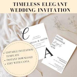 Plantilla de invitación de boda minimalista, elegante y atemporal con tarjeta de detalles, invitación imprimible para celebración de boda, invitación de boda editable