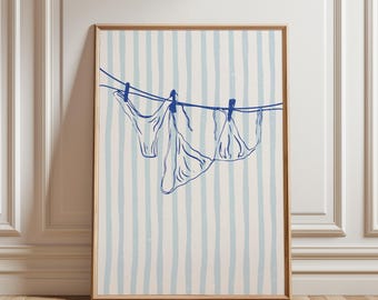 Arte mural playero en azul y rosa con estampado de bikini, póster de verano con estética costera, arte de bikini en tendedero, decoración preppy de moda, descarga digital