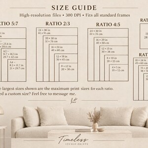 May include: A size guide chart for high-resolution 300 DPI prints, displaying various aspect ratios including 5:7, 2:3, 4:5, 11:14, and 3:4 with corresponding dimensions in inches and centimeters, positioned above a beige sofa and lamp.