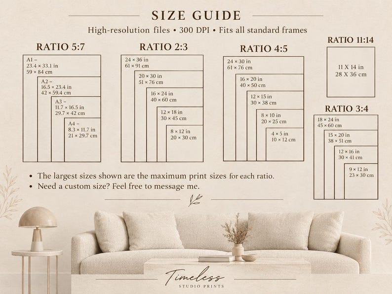 May include: A size guide chart for high-resolution 300 DPI prints, displaying various aspect ratios including 5:7, 2:3, 4:5, 11:14, and 3:4 with corresponding dimensions in inches and centimeters, positioned above a beige sofa and lamp.
