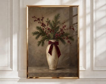 Vintage Christmas Wall Art, Christmas Vase Print, Holiday Botanical Printable, Burgundy Bow Decor, Rustic Christmas Wall Decor