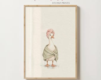 Goose in Bath Towel Print, Cute Bathroom Wall Art, Pink Towel Goose Illustration, Kids Bathroom Decor, Printable Digital Download