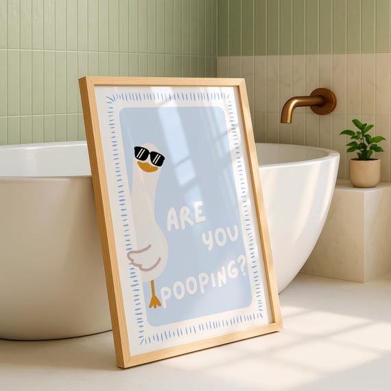 Funny Goose Bathroom Print, Are You Pooping Wall Art, Blue Kids Bathroom Decor, Cute Goose Poster, Digital Download