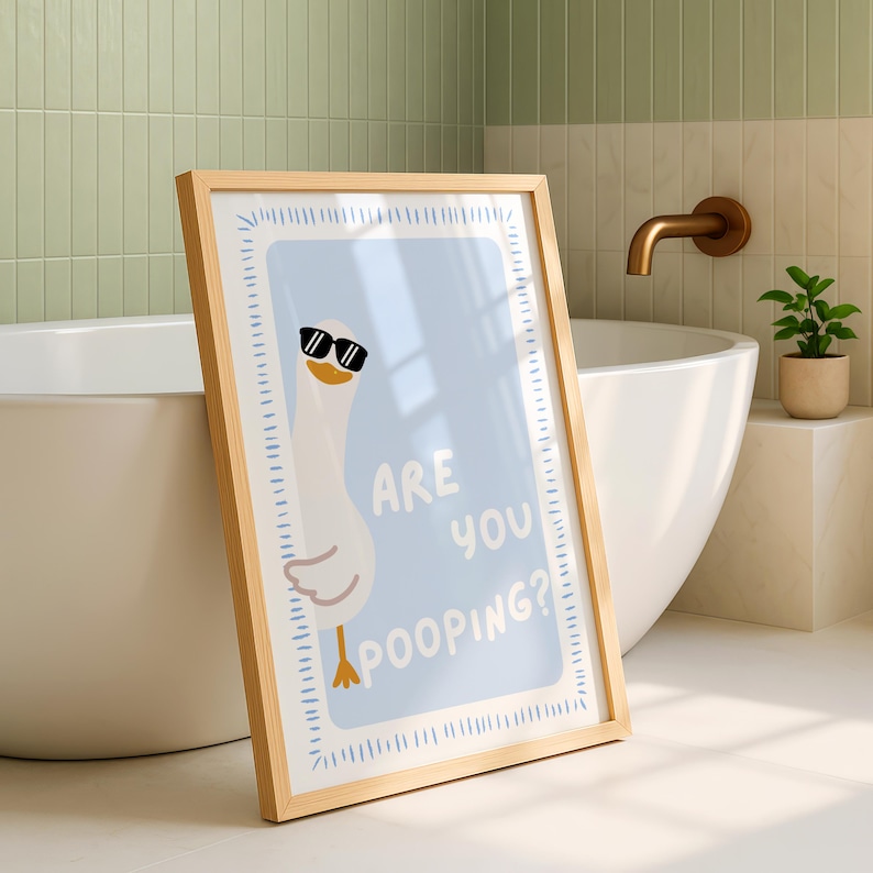 funny goose bathroom print
are you pooping wall art
blue kids bathroom decor
cool goose with sunglasses
funny duck printable poster
playful bathroom wall art