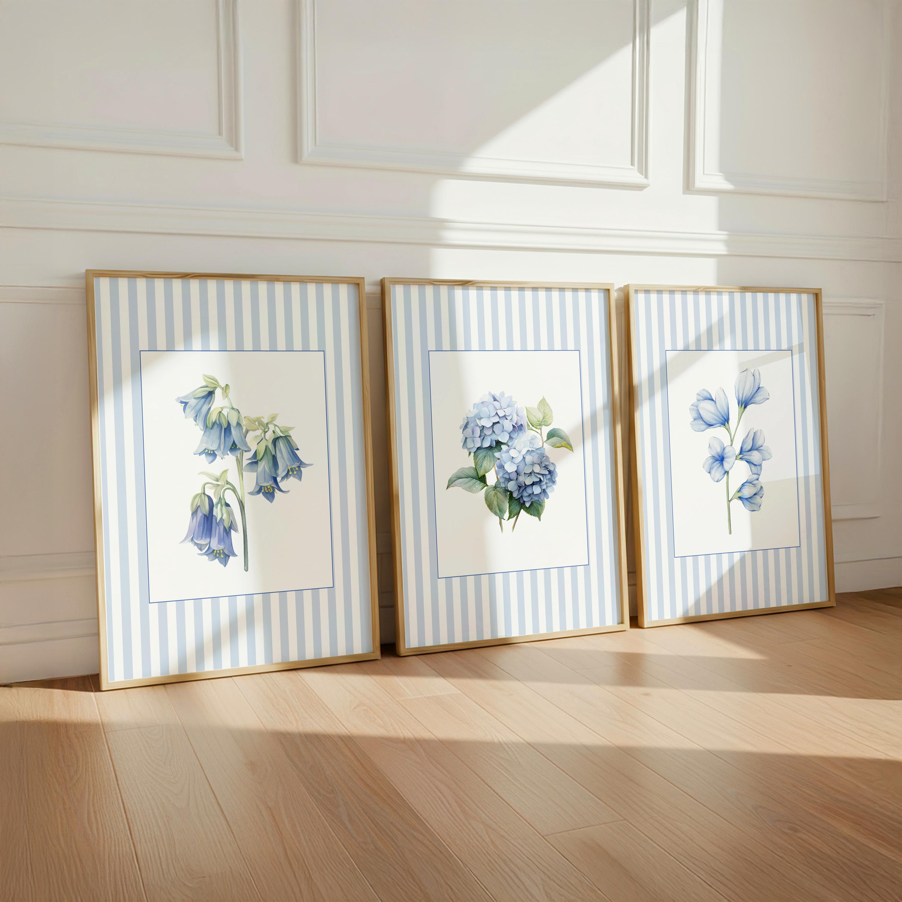 Blue Floral Botanical Print Set of 3, French Country Wall Art, Vintage ...