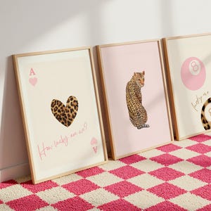 Pink Leopard Cheetah Print Set of 3, How Lucky Are We Lucky 8 Ball Cheetah Posters, Digital Coquette Room Decor Maximalist Dorm Wall Art Set