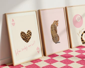 Pink Leopard Cheetah Print Set of 3, How Lucky Are We Lucky 8 Ball Cheetah Posters, Digital Coquette Room Decor Maximalist Dorm Wall Art Set