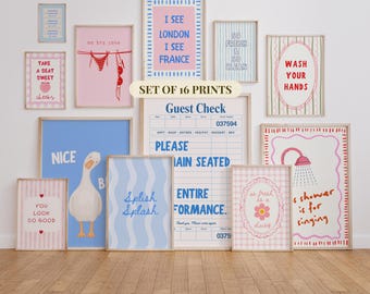 May include: A set of 16 wall art prints featuring various designs including a white goose, a guest check, and text such as "no bra zone," "I see London I see France," "wash your hands," "splish splash," and "shower is for singing."