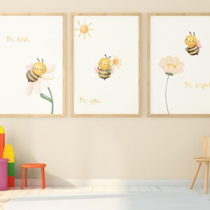 Digital Yellow Bee Nursery Wall Art Printable, Sweet Bee Baby Girl Nursery Art, Printable Kids Room Wall Decor, Gender-Neutral Wall Art