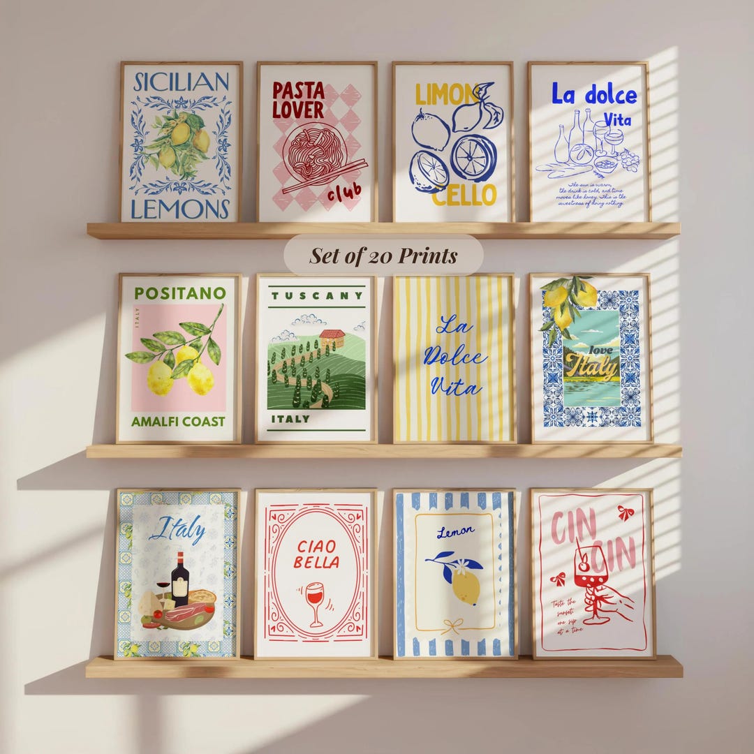 italian kitchen wall decor | kitchen wall art set of... Italian Kitchen Wall Art Set of 20, La Dolce Vita Food Prints, Retro ...