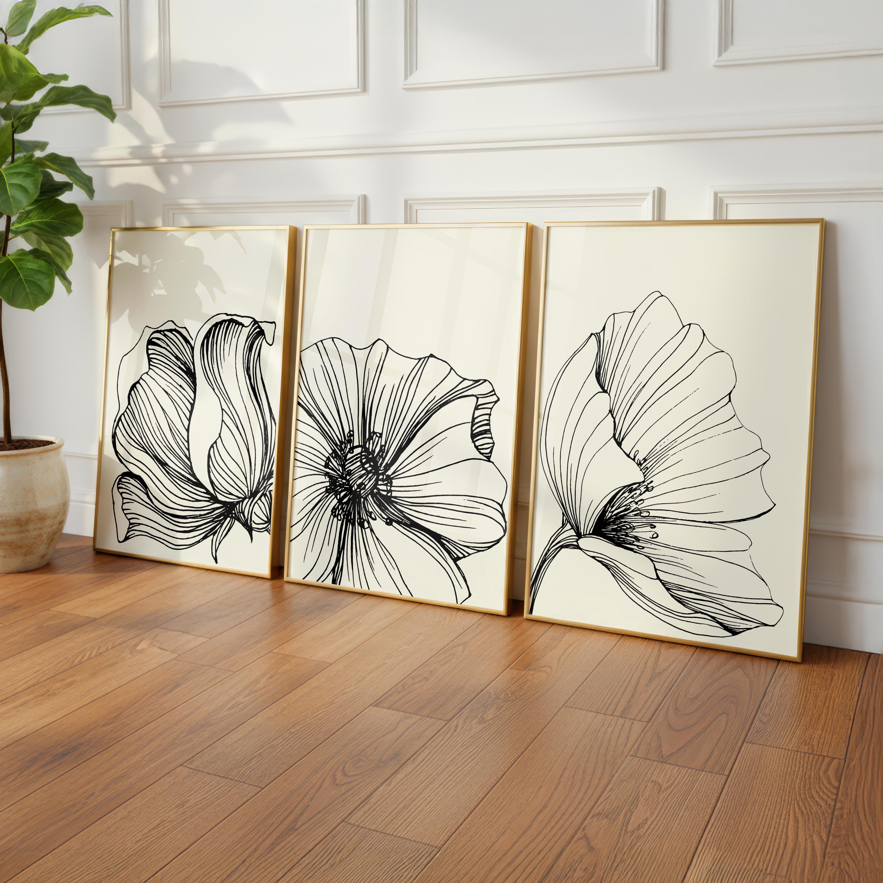 Neutral Floral Art Print Set of 3, Minimalist Beige Black Line Art ...