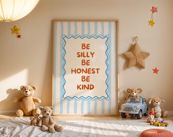 Sé tonto, sé honesto, sé amable. Lámina retro, póster con cita vintage, descarga digital, decoración retro para habitaciones infantiles, arte mural bohemio para aulas, arte para salas de juegos.