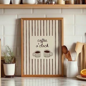 Coffee O'clock Print, koffiestation muurkunst, keuken koffiebar decor, handgetekende koffiekopjes, neutrale moderne muurkunst, digitale download
