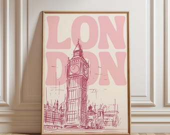 Pink London Skyline Poster, Big Ben Wall Art, Preppy City Print, Cute London Travel Poster, Girly Dorm Room Decor, Digital Download