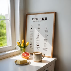 Peut inclure: A framed poster with the title "COFFEE BREWING METHODS" illustrating different coffee brewing techniques. A mug of coffee, a half grapefruit, and butter on a plate are on a white surface. Yellow tulips in a vase are also present.