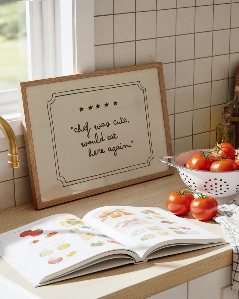 chef was cute would eat here again wall art, kitchen typography print, funny food quote poster, restaurant review style art, neutral beige minimalist decor, digital download kitchen wall decor, modern farmhouse kitchen sign, foodie gift idea, handwritten script print, cafe aesthetic wall art
