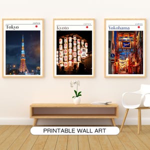 Set di poster di viaggio in Giappone: Tokyo, Kyoto, Yokohama, paesaggi urbani (download digitale)