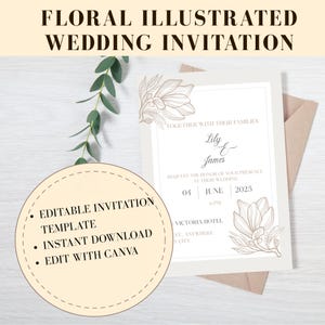 Floral illustrierte Hochzeitseinladung, Blumenhochzeit einladen, elegante minimalistische Illustration, digitale Einladungsvorlage, Sofort-Download