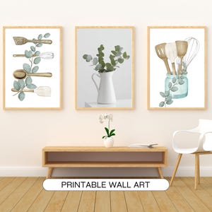Watercolor Sage Green Printable Botanical Kitchen Wall Art Print, Watercolor Eucalyptus Vase Prints, Printable  Kitchen Sage Green Art Set