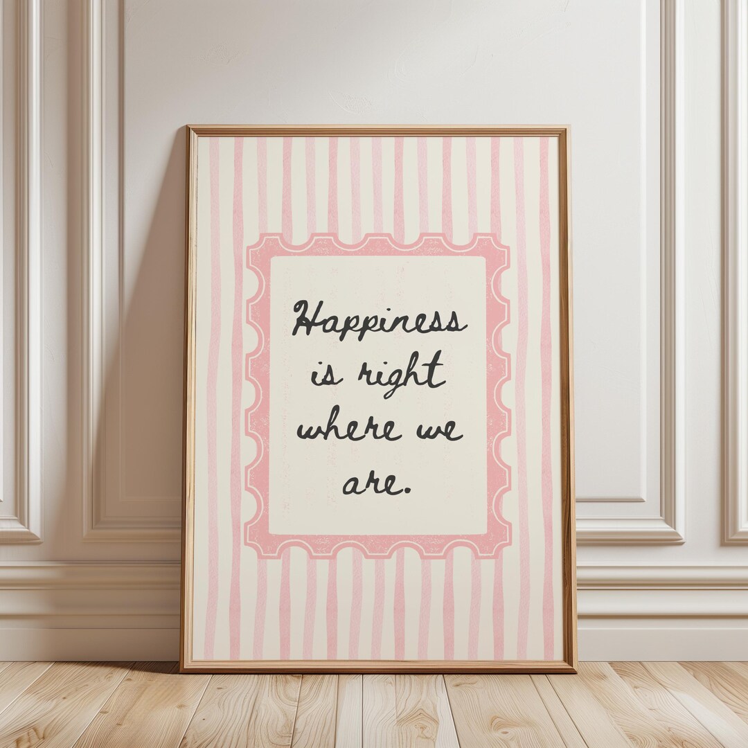 Happiness Printable Hand Drawn Poster, Pink Striped Quote Wall Art ...