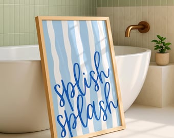 Splish Splash, niebieski nadruk do łazienki, dekoracja ścienna do łazienki dla dzieci do druku, cyfrowa wersja dekoracji do pokoju dziecięcego do pobrania