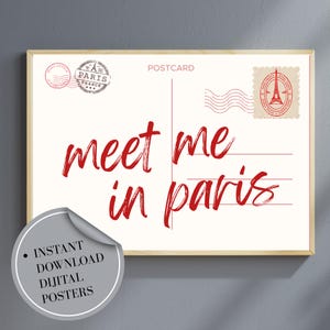 Impressão de parede de cartão postal de Paris, pôster digital com tema vermelho, decoração de viagem para impressão, impressão vintage de Paris, ilustração romântica da França