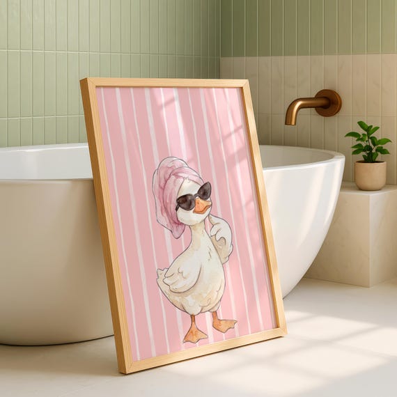 Funny Goose in Pink Towel Poster, Quirky Bathroom Decor, Eclectic Guest Bath Print, Cute Pink Poster Wall Art, Digital Download