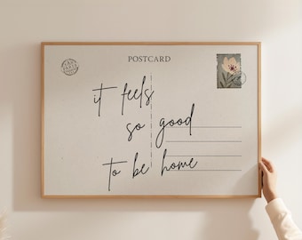 Feels So Good To Be Home Print Black, Vintage Postcard Wall Art, Cozy Apartment Decor, Neutral Typography Poster, Digital Entryway Wall Art