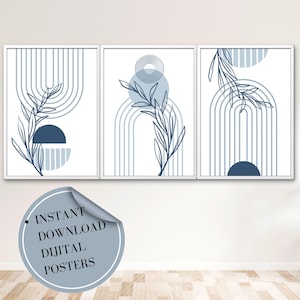 Navy Blue Plant Art Trio | Modern Boho Wall Decor | Minimalist Botanical Prints | Instant Download