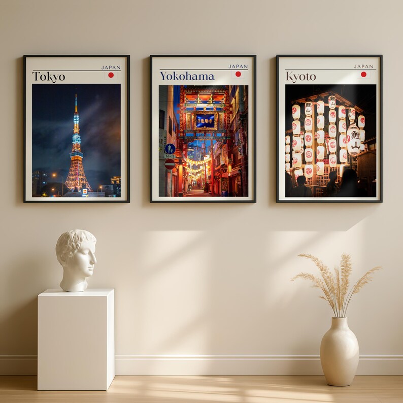 japan travel wall art set of 3 printable, tokyo yokohama kyoto city posters photography prints
japan wall art set printable, tokyo tower yokohama street kyoto lanterns travel decor
japanese city wall art set of 3, tokyo yokohama kyoto posters modern travel prints
